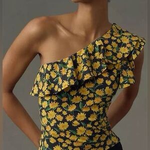 Maeve Black and Yellow Floral Ruffle One-Shoulder Blouse